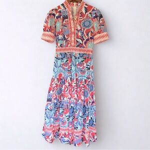 CK Bradley Annabelle Rare Coral Falconer Puff Sleeve Tier Maxi Dress XS